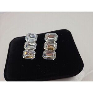 Vintage Terry Thunder Hand Signed Crystal Glass Triple Emerald Cut Earrings